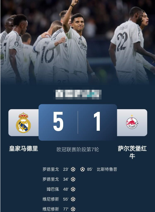 欧冠-欧冠2连胜！皇马5-1萨尔茨堡 巴西双子星双响 姆巴佩破门 贝林两助