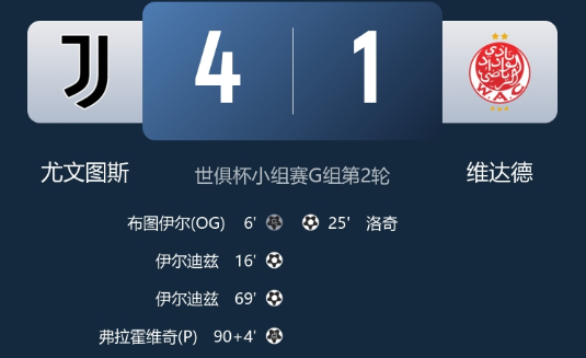 世俱杯-尤文4-1维达德暂居小组第一 伊尔迪兹双响+造乌龙 DV9点射